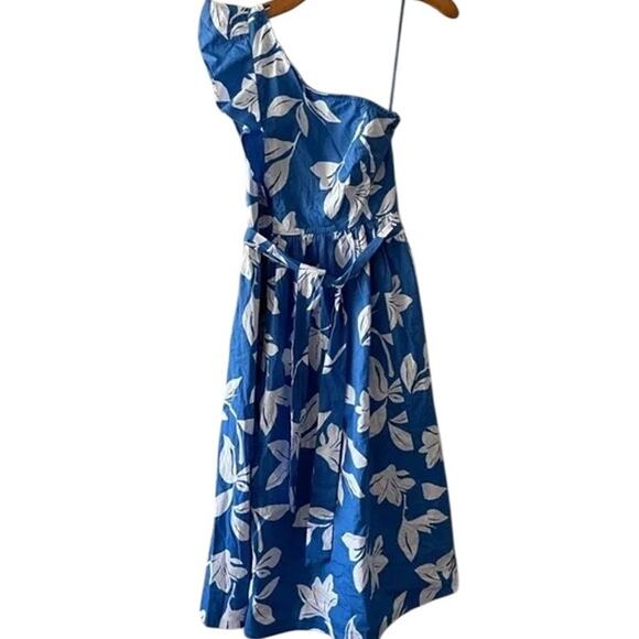 NWT J Crew Floral Ruffle One Shoulder Midi Dress Tie Elastic Waist 14 Blue White - Picture 15 of 15